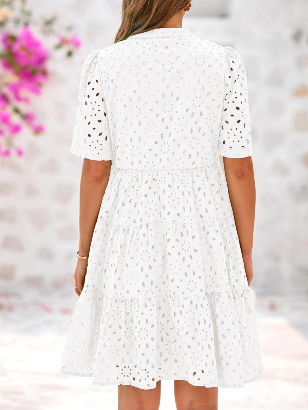 White Boho Embroidered Lace Eyelet Tiered Summer Mini Dress- Full & Plus Sizes - Picture 4 of 9